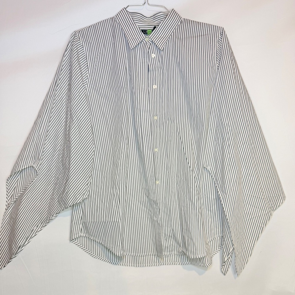 Lauren Ralph Lauren Womens XL Black White Pinstripe Split Cape Sleeve Shirt